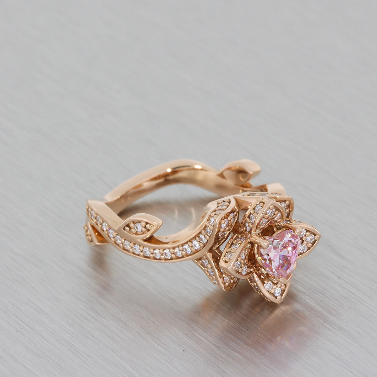 14ct Rose gold floral ring set with moissonite and pink CZ 